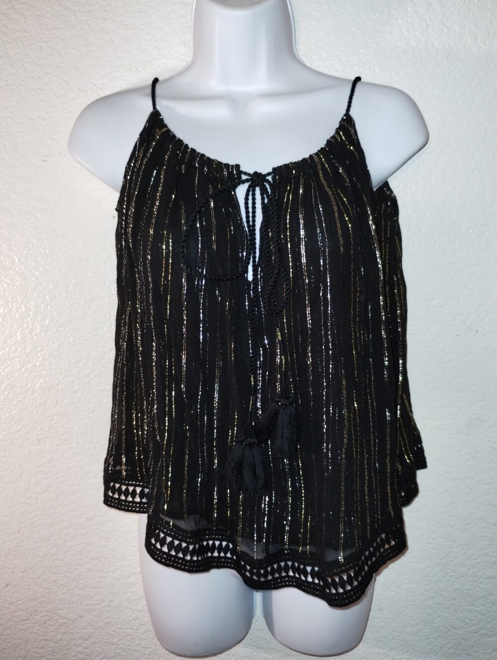 tryb Anthropologie Top Black Gauzy Lightweight With Silver & Gold Threads Medium